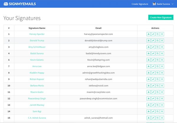 HTML email signature Manager dashboard